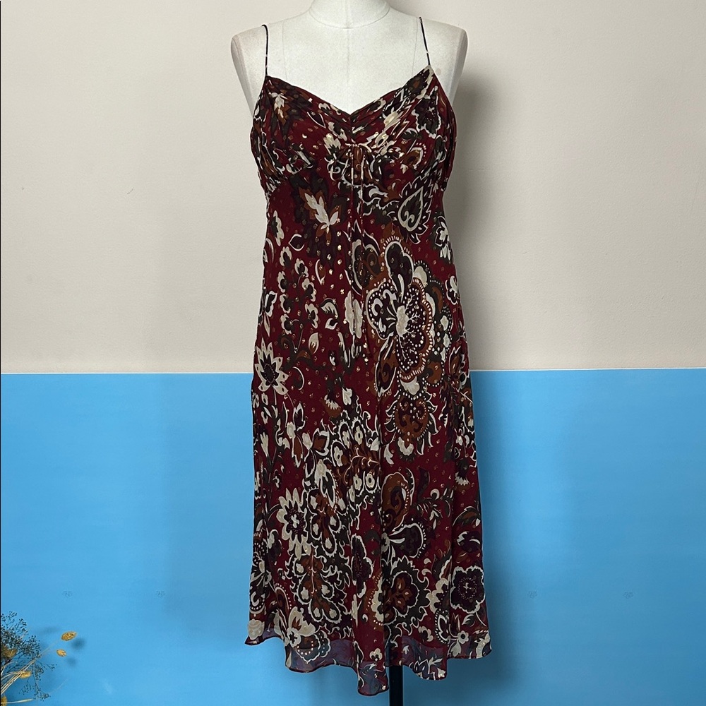 Ann Taylor Silk Chiffon Burgundy Red and White Sundress size 2 vintage